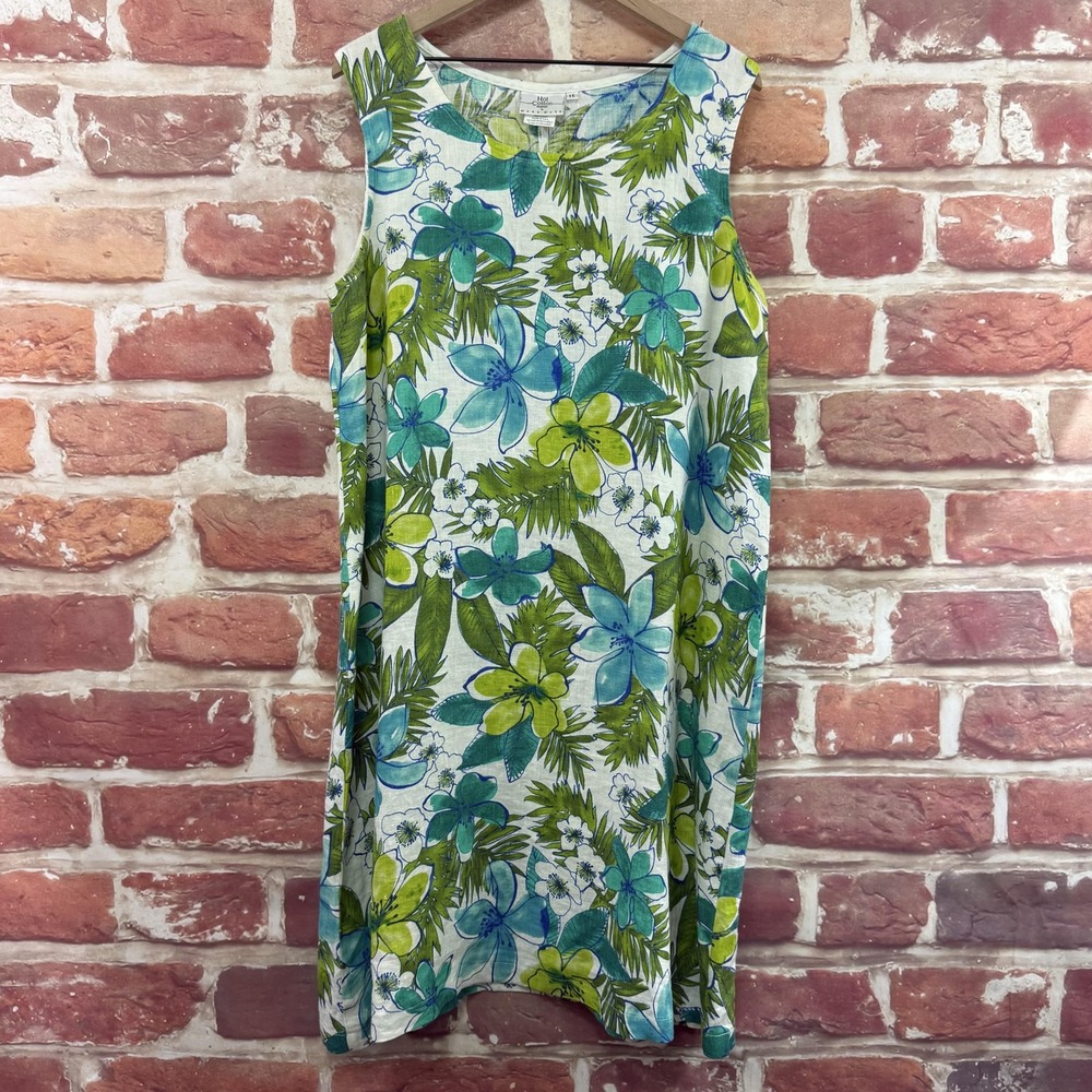 Vintage Hot Cotton Marc Ware Dress Womens 1X Tropical Floral 100% Linen Sundress